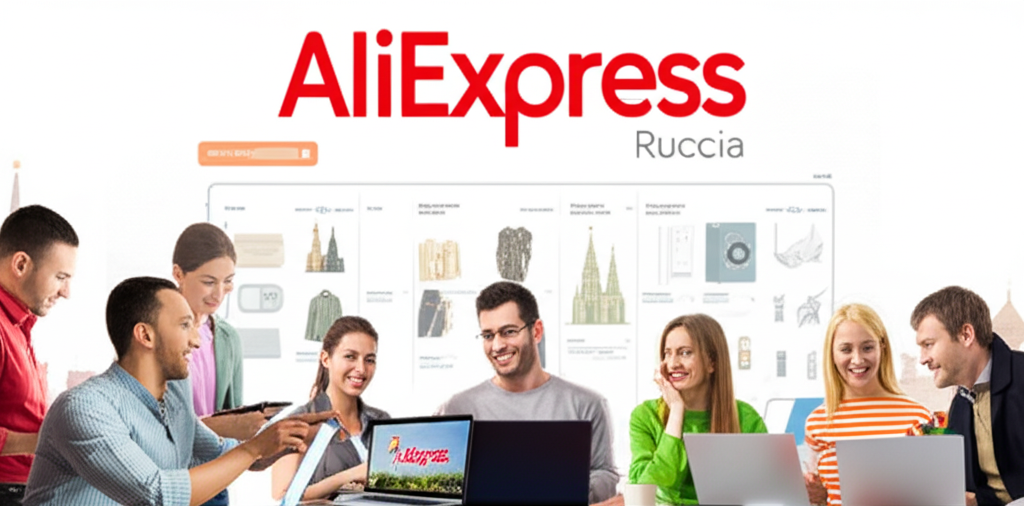 Группа российских предпринимателей разных возрастов с улыбками работает за ноутбуками и планшетами, демонстрируя разнообразные товары для электронной коммерции. На заднем плане виден стилизованный логотип AliExpress Россия, а фон намекает на российскую архитектуру. Изображение передает оптимистичное настроение роста и возможностей для местного бизнеса на маркетплейсе.