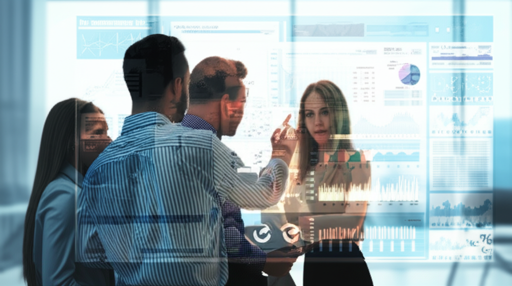 Цифровой дашборд с графиками продаж, ценами конкурентов и аналитикой товаров, отображающий данные маркетплейсов. Двое специалистов по электронной коммерции, мужчина и женщина, сфокусированно обсуждают данные на интерактивном экране в современном офисе, символизируя принятие стратегических решений на основе аналитики.