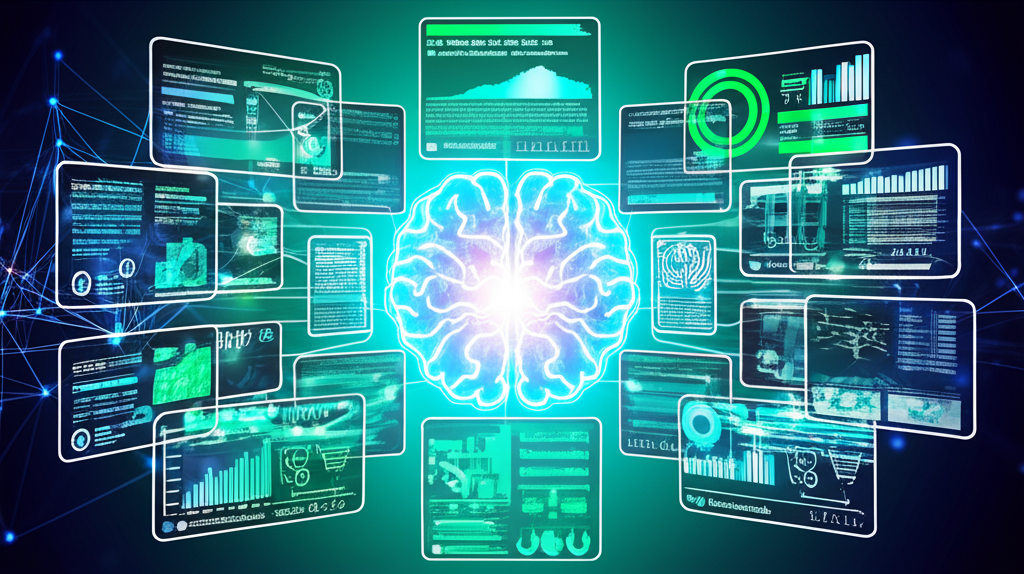 Футуристическая композиция, символизирующая автоматизацию продаж на маркетплейсах. В центре – светящийся цифровой узел, окруженный экранами, отображающими каталоги товаров, данные об остатках, статусы заказов, аналитику и диалоги с клиентами. От центра исходят линии данных, соединяющие его с узнаваемыми, но стилизованными логотипами различных маркетплейсов. Общая цветовая гамма – сине-зелено-фиолетовая, передающая ощущение эффективности, технологичности и роста бизнеса за счет бесшовной интеграции и оптимизации процессов.