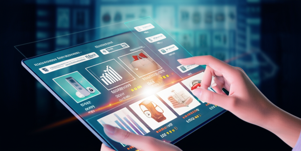 Изображение демонстрирует процесс управления продажами на маркетплейсе: руки взаимодействуют с голографическим интерфейсом, отображающим данные о товарах, графики продаж, аналитику и отзывы покупателей на фоне виртуального магазина с разнообразными товарами.