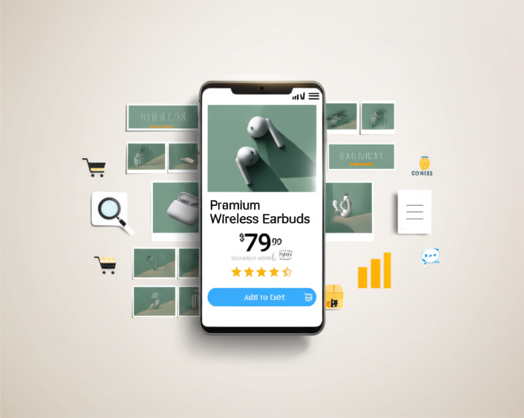 Иллюстрация, демонстрирующая идеальную карточку товара на маркетплейсе. В центре экран смартфона или планшета с детализированной карточкой продукта: качественное фото (например, беспроводные наушники), четкое название, цена со скидкой, высокий рейтинг (4.5-5 звезд) и кнопка 'В корзину'. Вокруг экрана разложены элементы, символизирующие составляющие успешной карточки: миниатюры фото, значок отзывов, аналитические графики, корзина, текст описания с лупой, иконки доставки и оплаты. Все выполнено в современном, чистом стиле, подчеркивающем важность комплексного подхода к оформлению и оптимизации.