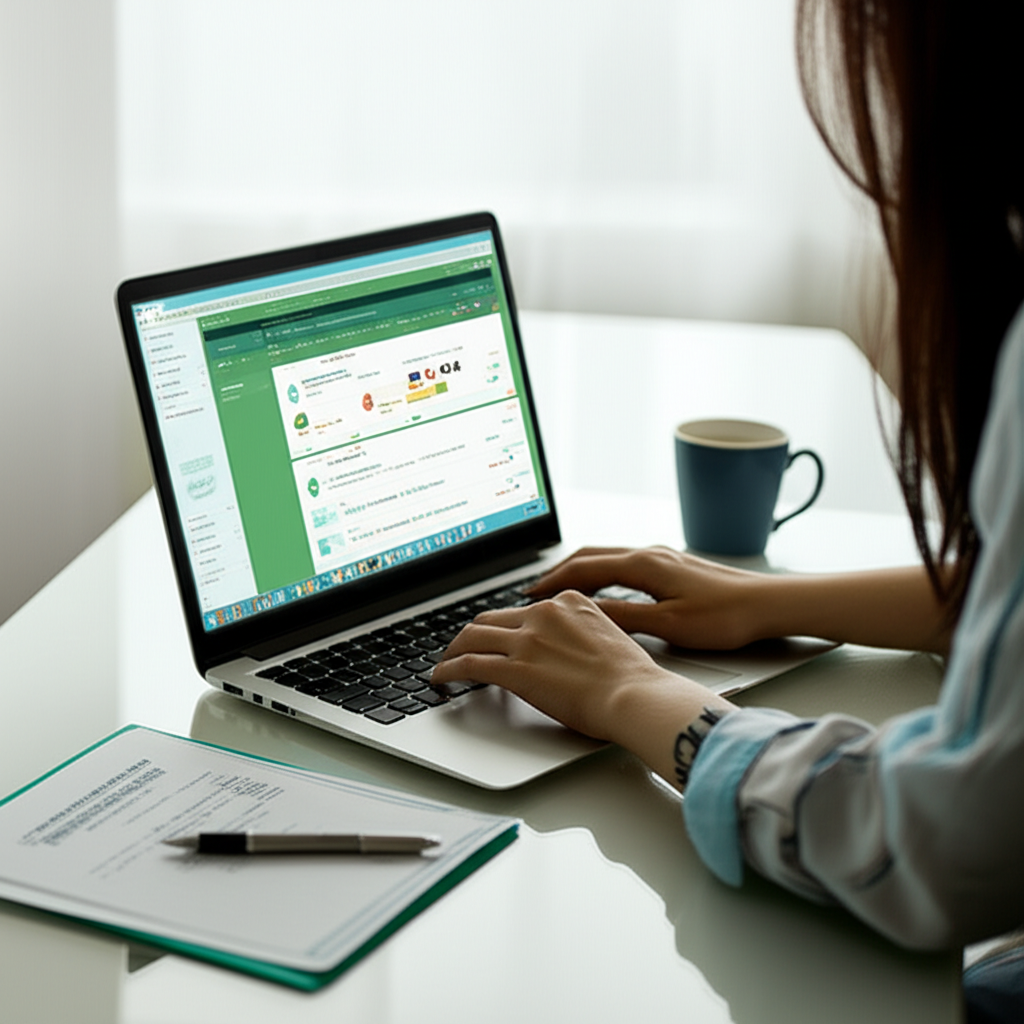 Человек, оформляющий ИП для работы на маркетплейсе, сидит за столом с ноутбуком, на котором открыт сайт маркетплейса, и официальными документами, символизирующими регистрацию индивидуального предпринимателя. Рядом лежат канцелярские принадлежности и чашка кофе.