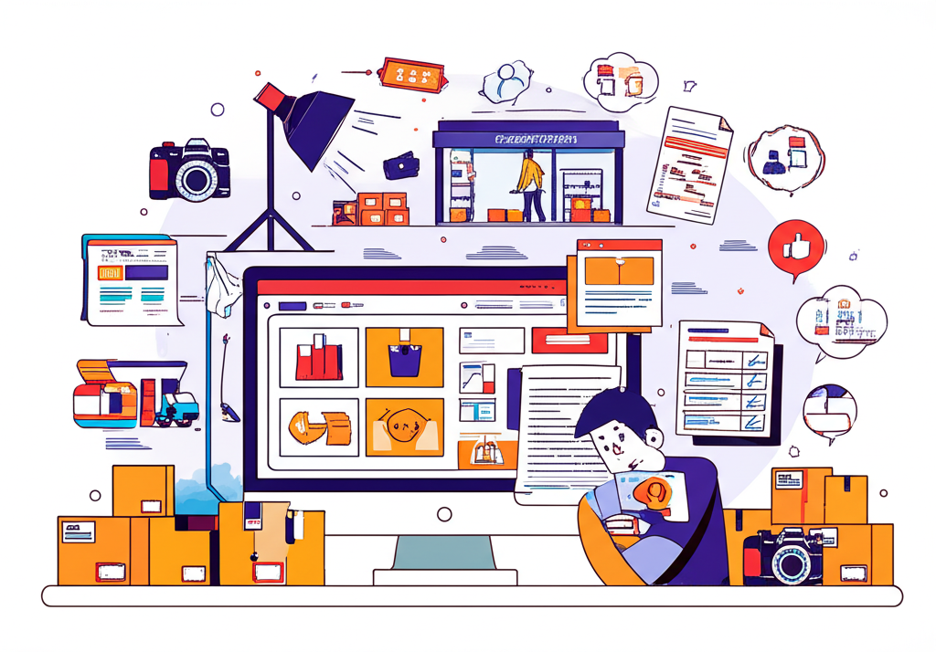 Иллюстрация, демонстрирующая процесс открытия магазина на маркетплейсе: человек работает за ноутбуком с открытым интерфейсом маркетплейса, вокруг расположены предметы, символизирующие шаги: упаковки товаров, фотоаппарат, документы, финансовые графики и маркетинговые иконки. На заднем плане виден склад.