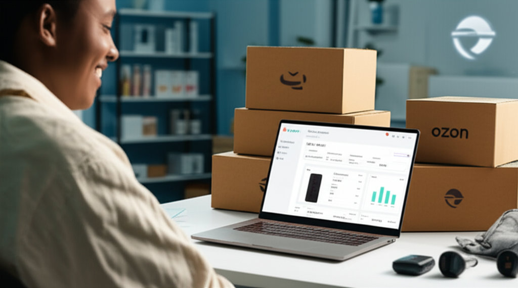 Человек за столом работает с ноутбуком, на экране которого виден интерфейс Ozon Seller Center с графиками продаж и карточками товаров. Рядом лежат упакованные товары, готовые к отправке, и образцы продукции, символизируя эффективное управление онлайн-бизнесом на маркетплейсе Ozon.