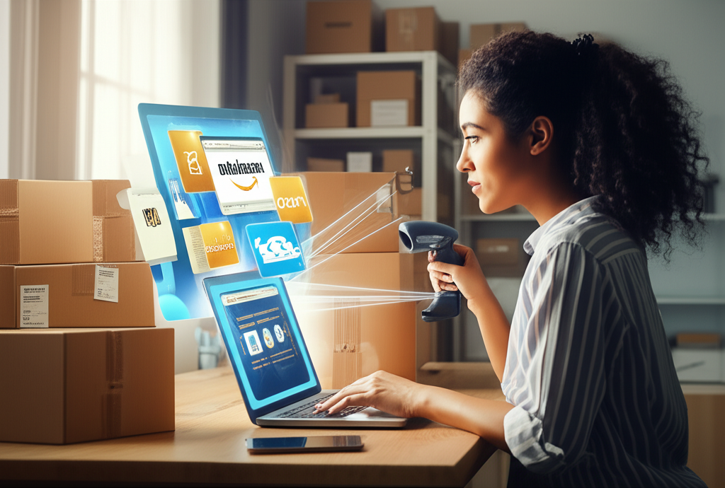 Молодой предприниматель в домашнем офисе или небольшом складе, уверенно управляющая продажами на нескольких маркетплейсах с помощью ноутбука, окруженная коробками с товарами, демонстрируя успешное ведение онлайн-бизнеса.