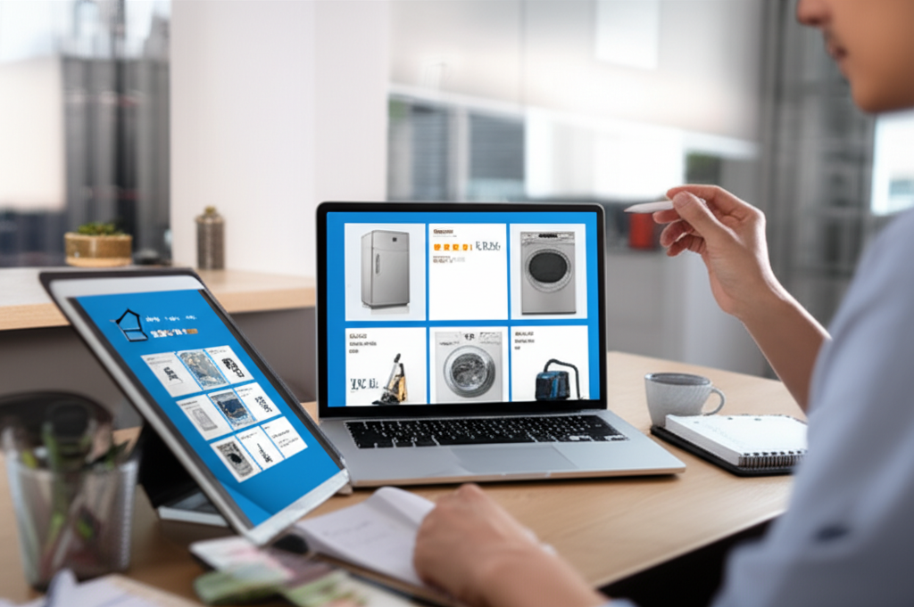 Человек выбирает бытовую технику на нескольких маркетплейсах, сравнивая цены и характеристики на экране ноутбука и планшета в современном интерьере.