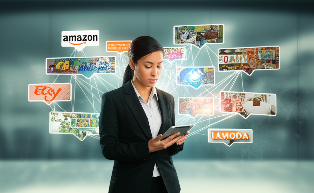 Человек, смотрящий на голограммы различных маркетплейсов, символизирующие выбор выгодной платформы для бизнеса. Изображены логотипы или характерные элементы универсальных и нишевых площадок, а также элементы аналитики и стратегического планирования.