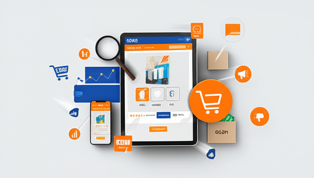 Динамичное изображение, символизирующее успех в онлайн-торговле на Ozon. В центре ноутбук или планшет с открытым сайтом Ozon, где товар занимает позицию в Топ-10. Вокруг расположены элементы, обозначающие успех: увеличительное стекло над графиками продаж, аккуратно упакованная коробка с товаром, смартфон с положительными отзывами покупателей, кошелек с деньгами, иконки SEO, аналитики и маркетинга. Преобладают синие и оранжевые цвета Ozon. Композиция передает рост и достижения в электронной коммерции.