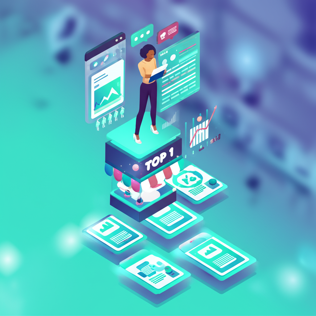 Успешный продавец стоит на вершине цифрового рейтинга маркетплейса, символизируя достижение топ-позиции. Он держит планшет с графиком роста продаж, а вокруг видны элементы оживленного онлайн-рынка.