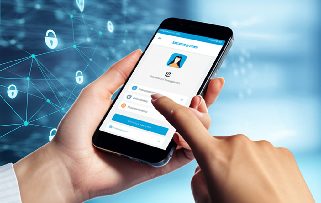 Руки человека держат смартфон, на экране которого отображено мобильное приложение KazanExpress с открытым разделом настроек или профиля. Палец пользователя касается кнопки 'Выйти из аккаунта' или 'Удалить аккаунт', символизируя управление личными данными и конфиденциальностью на платформе. На фоне видны размытые цифровые элементы, подчеркивающие тему данных.