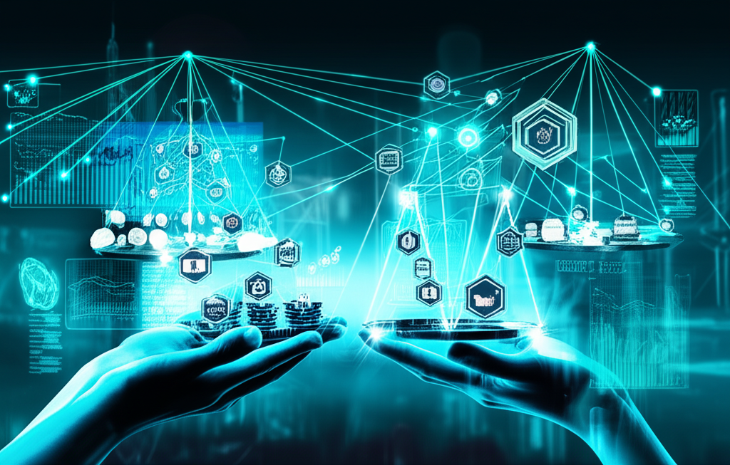 Футуристическая иллюстрация, изображающая сложную систему комиссий маркетплейсов в 2025 году. На переднем плане руки балансируют весы, на одной чаше которых стопки цифровых монет и проценты, на другой — символы товаров и услуг. Вокруг плавают голографические графики, показывающие динамические комиссии и метрики производительности, а линии данных связывают иконки маркетплейсов и продавцов. Фон размытого высокотехнологичного города с элементами блокчейна подчеркивает цифровую трансформацию.