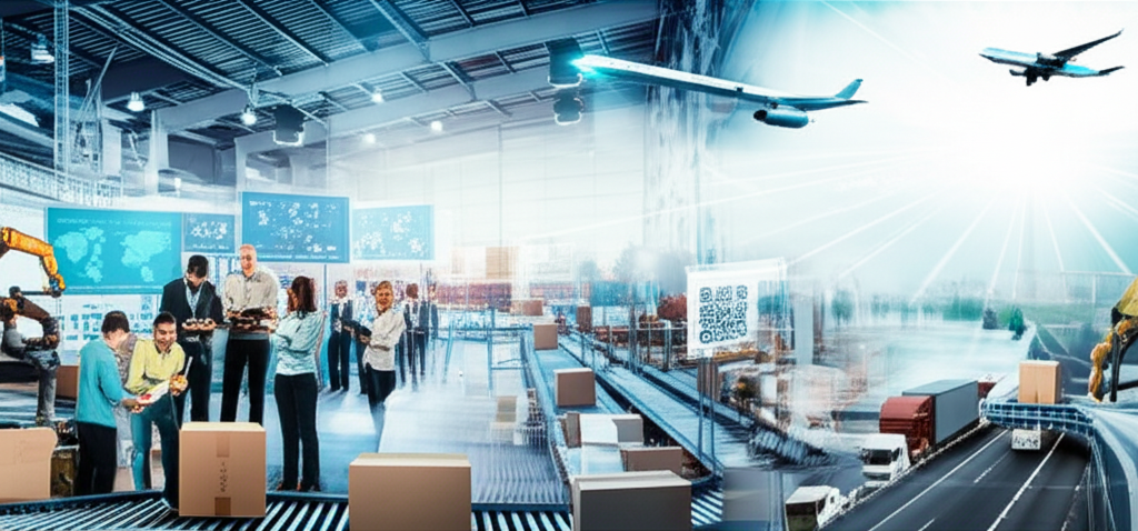 Динамичное изображение, демонстрирующее комплексную логистику для селлеров маркетплейсов. В центре – современный склад с роботизированными манипуляторами и конвейерами, обрабатывающими посылки. Рядом группа селлеров и логистов анализирует данные на планшетах и больших экранах. На заднем плане видны элементы глобальной доставки: грузовой корабль, самолет и грузовики, символизирующие масштабы операций. Все элементы подчеркивают эффективность, автоматизацию и технологичность процессов.