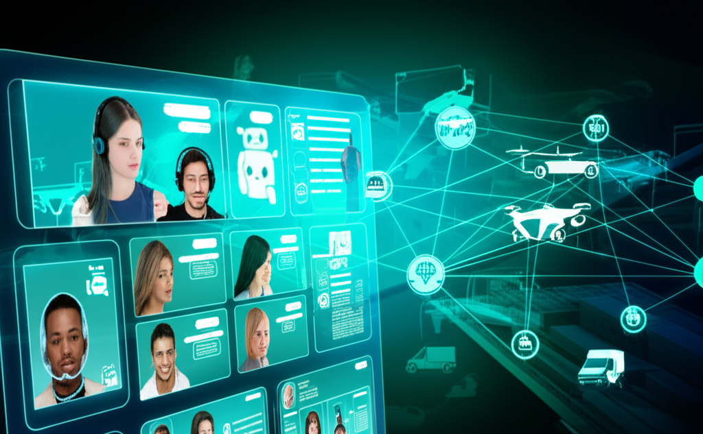 Футуристическое изображение онлайн-маркетплейса в 2025 году, демонстрирующее голографический интерфейс с персонализированными предложениями и ИИ-помощниками. На фоне видны элементы глобальной логистики, включая дроны и электромобили, символизирующие устойчивость и международную торговлю. Общая эстетика высокотехнологична и динамична.