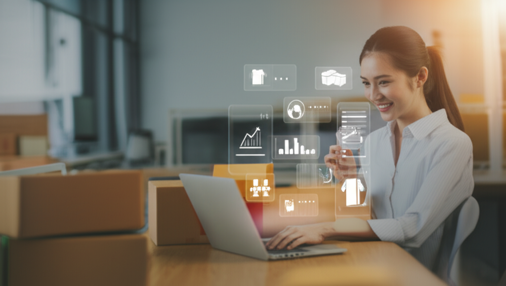 Молодой продавец-предприниматель сидит за столом в современном офисе, работая на ноутбуке. На экране ноутбука отображается панель управления маркетплейсом с графиками продаж, списком товаров и данными о заказах. Вокруг него/нее, в мягком фокусе, расположены стилизованные коробки с продуктами и иконки, символизирующие различные товарные категории (одежда, электроника, товары для дома), подчеркивающие тему онлайн-торговли и успешного бизнеса на маркетплейсе.