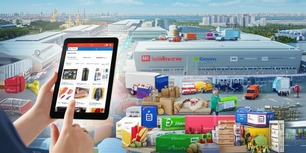 Изображение демонстрирует динамичный российский рынок онлайн-торговли. На переднем плане руки используют планшет для покупок на маркетплейсе, вокруг разложены разнообразные товары. На заднем плане виден современный логистический центр с грузовиками и узнаваемый городской пейзаж России, символизирующий обширную сеть доставки и технологический прогресс в электронной коммерции.