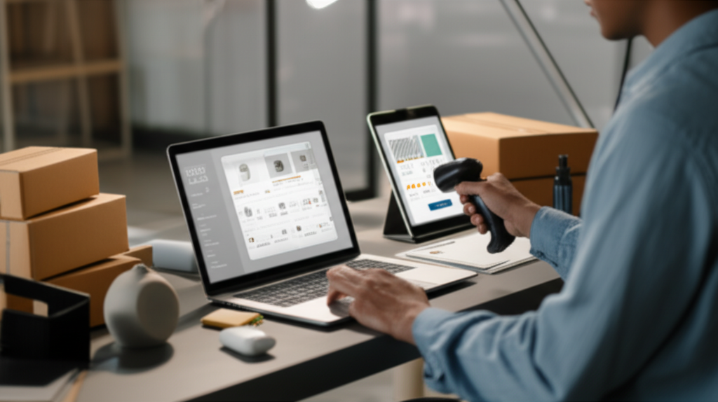 Молодой предприниматель управляет своим онлайн-бизнесом на маркетплейсе, сидя за столом с ноутбуком, планшетом и различными товарами. На экранах видны аналитика продаж и карточки товаров. Вокруг лежат упакованные коробки и современная продукция, символизирующая успешную электронную коммерцию.