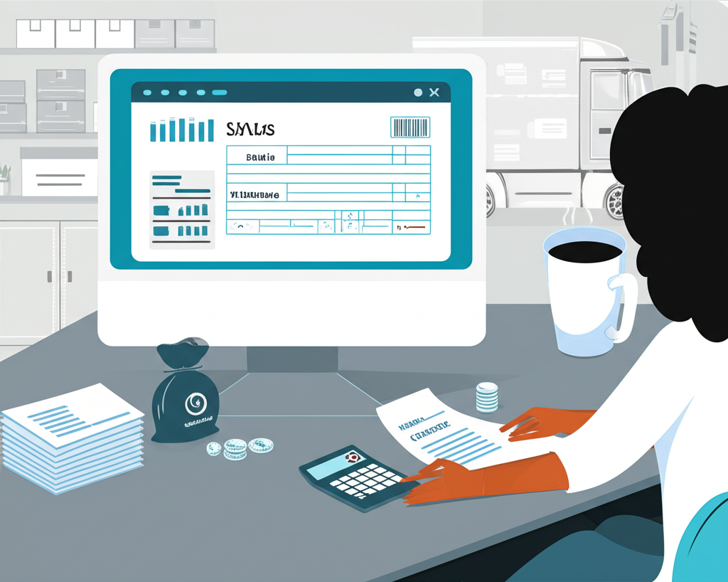 Иллюстрация, изображающая продавца маркетплейса за рабочим столом. На ноутбуке открыта страница с отчетами о продажах и налоговыми формами. Рядом лежат калькулятор, стопка документов от маркетплейсов (Wildberries, Ozon), монеты и чашка кофе. На заднем плане видны элементы электронной коммерции: полки с товарами, грузовик для доставки и символы финансовых потоков.