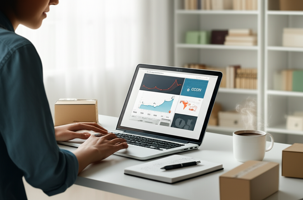 Человек сидит за столом с ноутбуком, изучая онлайн-курс по продажам на маркетплейсах. На экране видны графики, карточки товаров и элементы интерфейсов популярных онлайн-площадок. Рядом лежат тетрадь с записями и чашка кофе, создавая атмосферу сосредоточенной работы в современном офисе.