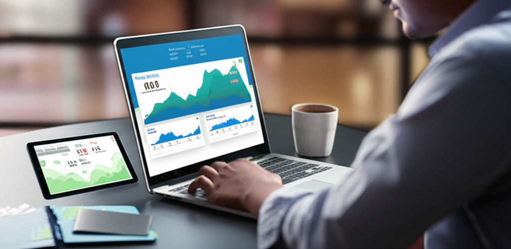 Человек обучается продажам на маркетплейсах, работая за ноутбуком. На экране видны аналитические графики и карточки товаров. Рядом лежат заметки и планшет с данными. Обстановка современная, деловая, символизирующая успешное освоение электронной коммерции.