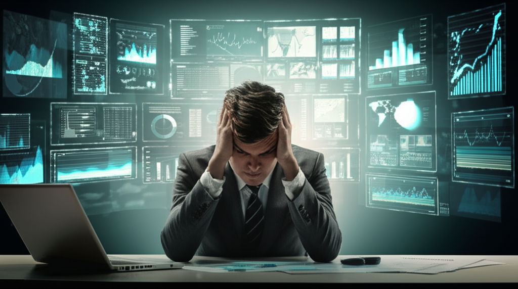 Изображение молодого предпринимателя, сидящего за столом и держащегося за голову в знак стресса, окруженного экранами компьютеров, на которых отображаются графики продаж, данные аналитики, изображения товаров и отзывы покупателей с маркетплейсов. Сцена передает ощущение перегрузки информацией и трудностей, с которыми сталкиваются новички в онлайн-торговле.