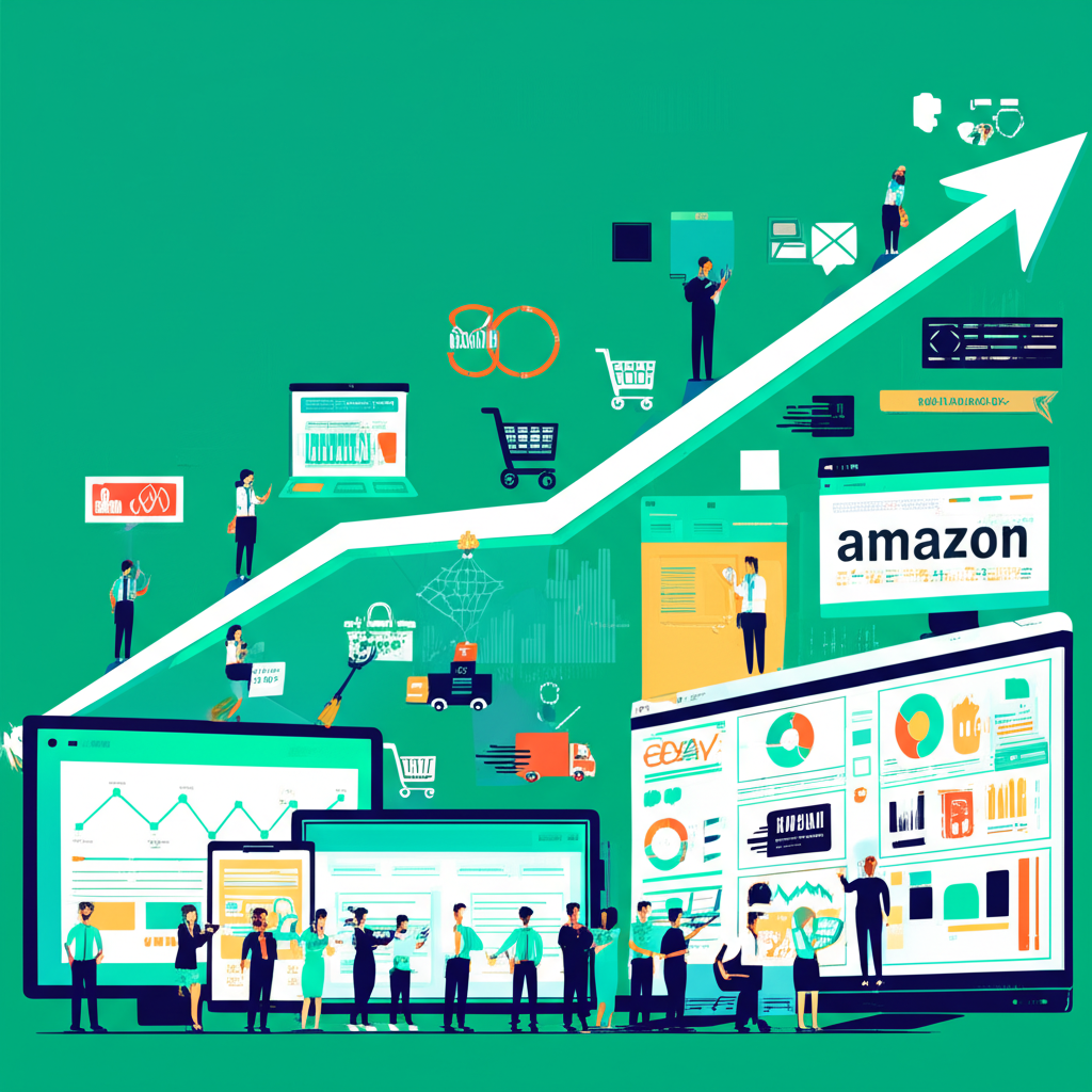Динамичная иллюстрация, изображающая концепцию бизнеса на маркетплейсах. Предприниматели работают с ноутбуками и планшетами, а на заднем плане видны стилизованные логотипы известных маркетплейсов. Присутствуют элементы роста, цифровой коммерции, логистики и глобального охвата, символизирующие успех в онлайн-торговле.
