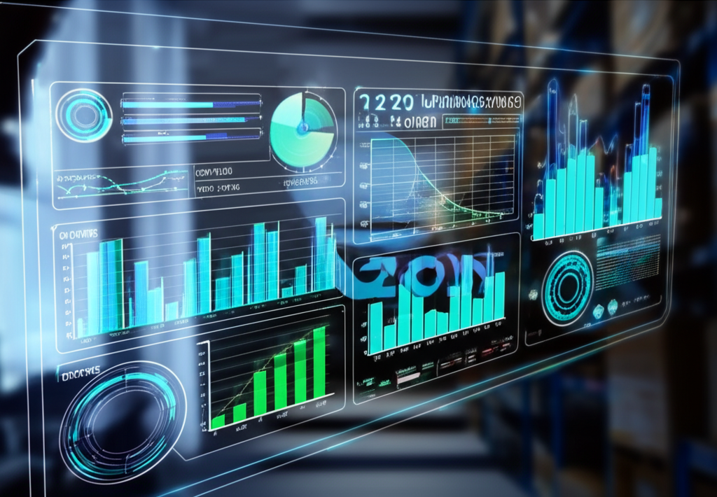 Детальное изображение аналитической панели Озон с различными графиками, диаграммами и таблицами, демонстрирующими данные о продажах, трафике и товарном ассортименте. В центре внимания – современный цифровой дашборд с элементами брендинга Ozon, символизирующий глубокий анализ данных для принятия бизнес-решений на маркетплейсе.