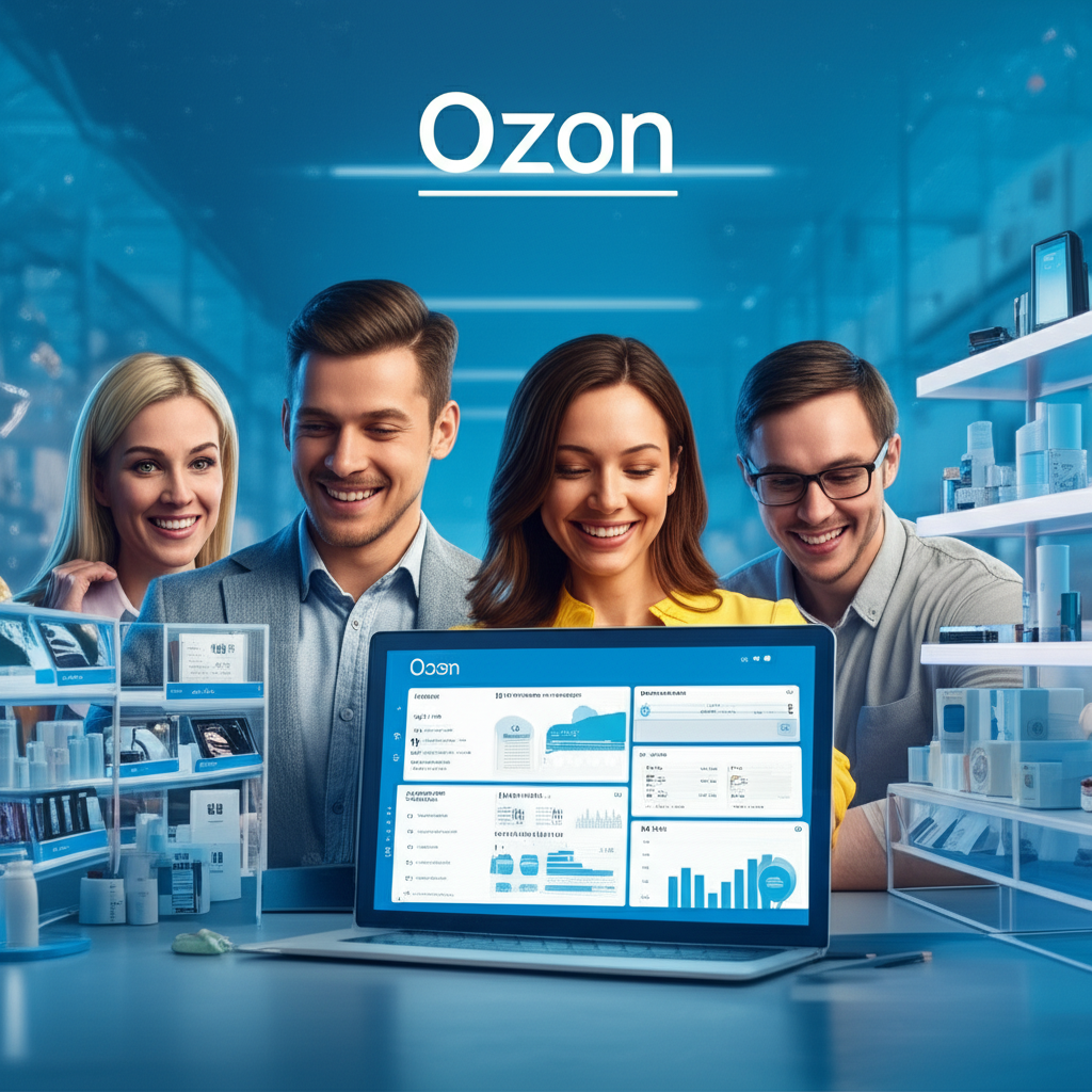 Группа счастливых предпринимателей и владельцев малого бизнеса просматривают данные о продажах на маркетплейсе Ozon на планшете, окруженные различными товарами в современном стиле электронной коммерции, символизирующем успех и рост.