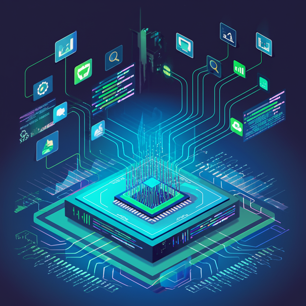 Цифровая иллюстрация, изображающая поток данных с различных логотипов маркетплейсов в центральный узел парсинга, откуда структурированные данные расходятся в виде графиков и диаграмм, символизируя аналитику и бизнес-инсайты. На фоне видны абстрактные элементы кода и схем.