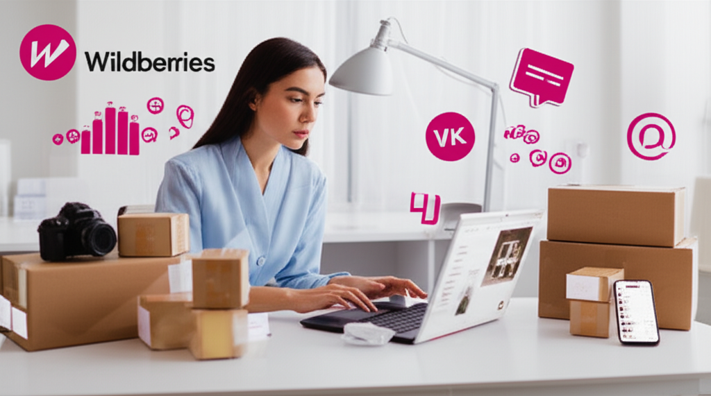 Молодая женщина-предприниматель сосредоточенно работает за ноутбуком, на экране которого виден интерфейс Wildberries. Вокруг нее разложены коробки с товарами, стоит фотокамера для контента, и смартфон с лентой социальных сетей, символизирующие самостоятельное продвижение в e-commerce. На заднем плане — элементы цифрового маркетинга: графики, диаграммы и иконки соцсетей, подчеркивающие активную работу с контентом, аналитикой и обратной связью.