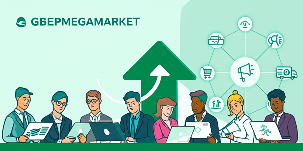 Динамичная иллюстрация, изображающая успешное развитие бизнеса на платформе СберМегаМаркет. На переднем плане улыбающиеся предприниматели разных размеров взаимодействуют с цифровыми устройствами, а на заднем плане видны стилизованные элементы бренда СберМегаМаркет и значки, символизирующие логистику, маркетинг, аналитику и финансовые сервисы, указывающие на рост и возможности в онлайн-торговле.