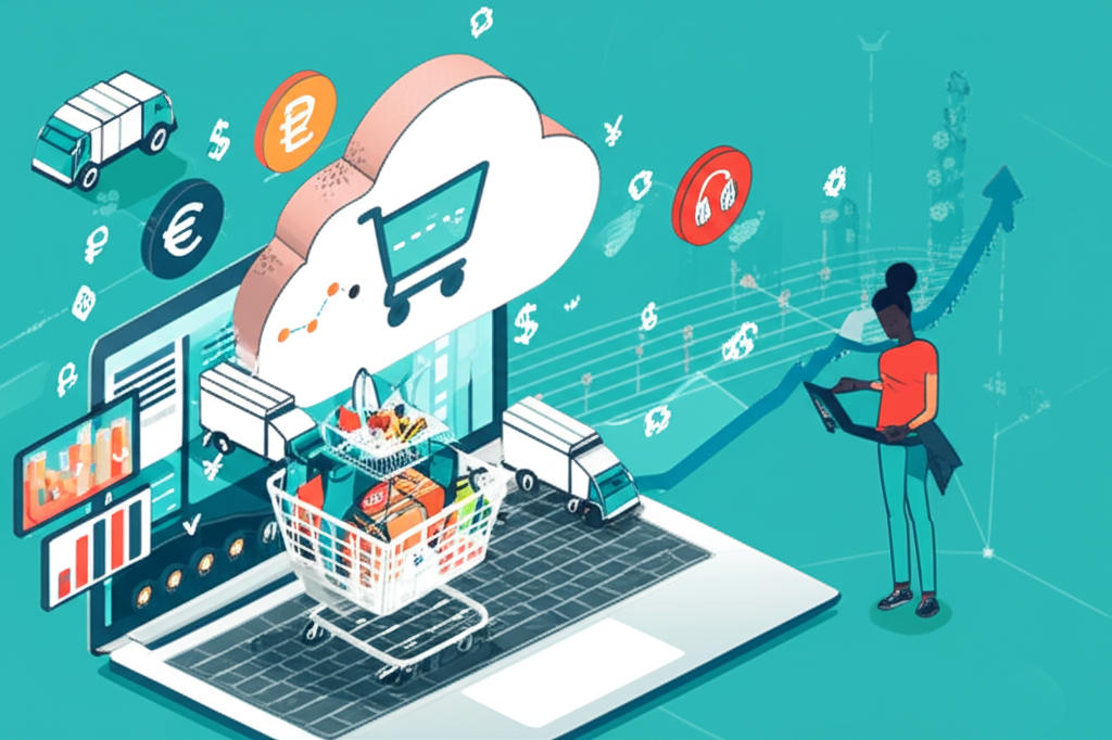 Изображение демонстрирует успешного селлера на маркетплейсе, просматривающего аналитику продаж на ноутбуке. Вокруг него парят символы электронной коммерции: корзина с товарами, упаковочные коробки, графики роста, денежные знаки, что символизирует развитие и доходность бизнеса в онлайн-торговле.