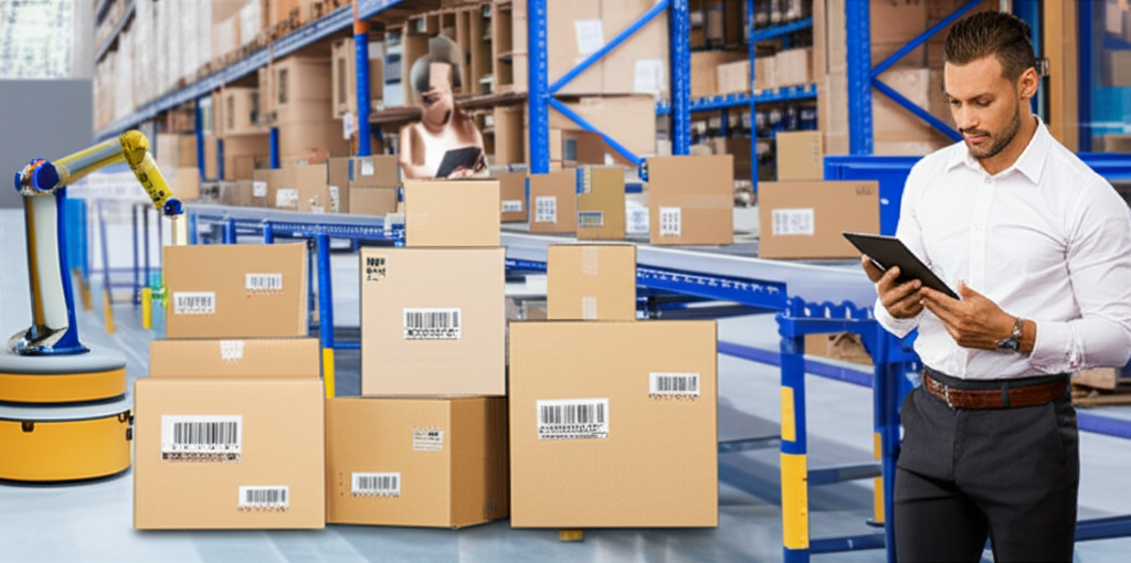 Изображение современного склада маркетплейса с аккуратно уложенными коробками, роботизированными системами и сотрудником, проверяющим данные на планшете, символизирующее эффективную логистику и автоматизацию поставок для электронной коммерции.