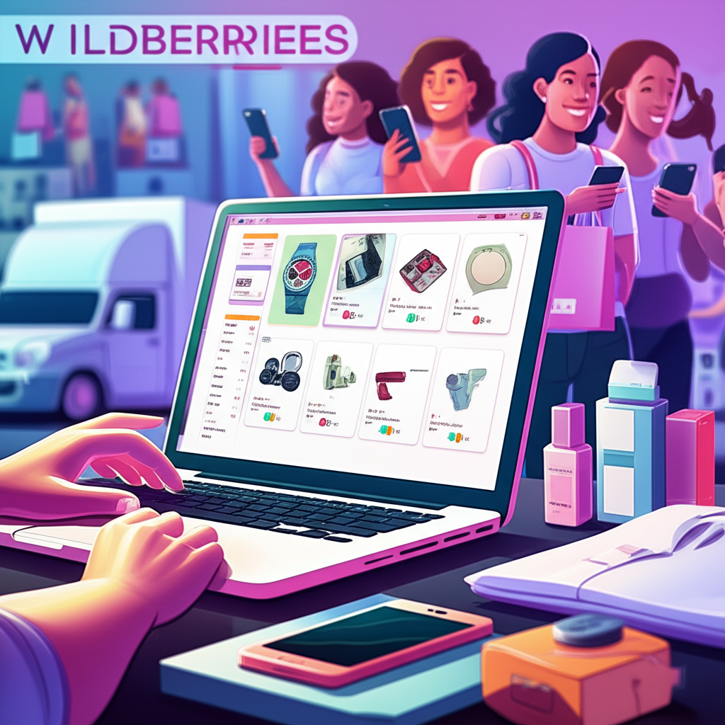 Иллюстрация успешного онлайн-продавца, работающего за ноутбуком с открытой панелью управления Wildberries, окруженного товарами для электронной коммерции, символизирующими рост бизнеса, эффективную логистику и обширную клиентскую базу.