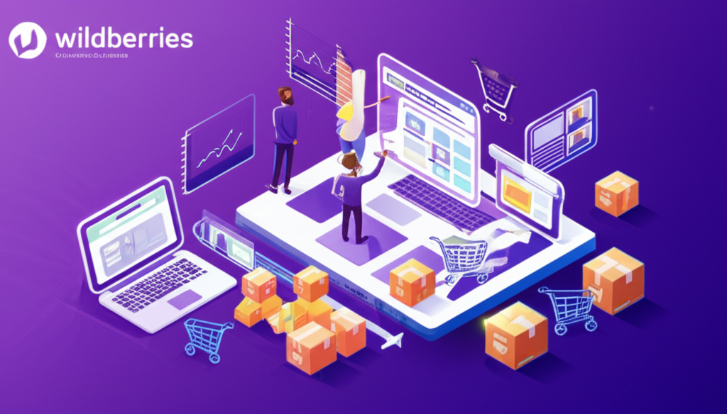 Изображение группы людей, активно обучающихся работе с маркетплейсом Wildberries. На переднем плане предприниматели взаимодействуют с ноутбуками и планшетами, изучают аналитику и продуктовые карточки. Присутствуют элементы электронной коммерции: упаковочные коробки, корзины, графики роста продаж, символизирующие успех и развитие бизнеса на платформе Wildberries. Цветовая гамма включает оттенки фиолетового, ассоциирующиеся с Wildberries.