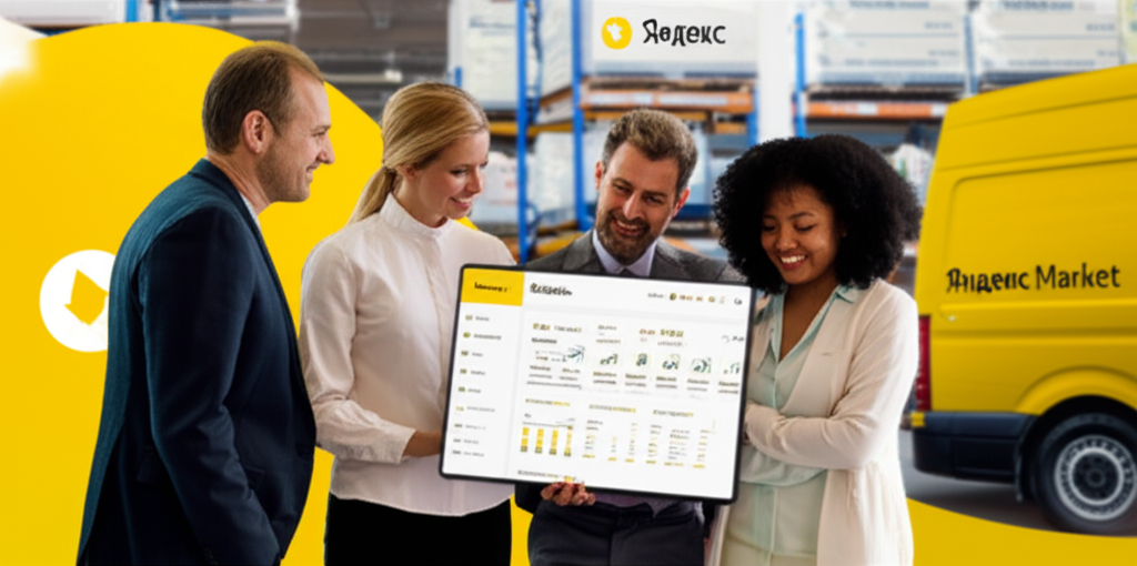 Группа успешных предпринимателей смотрит на экран планшета с аналитикой продаж на Яндекс.Маркете, на фоне размытого склада с товарами и брендированными фургонами доставки, символизирующими рост и эффективность бизнеса на платформе.