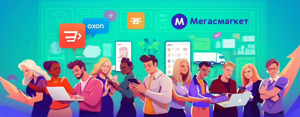 Динамичная иллюстрация, показывающая людей, работающих на ноутбуках и планшетах, с графиками продаж и товарами. На заднем плане видны абстрактные логотипы маркетплейсов, складские помещения и курьерские фургоны, символизирующие электронную коммерцию и возможности заработка.